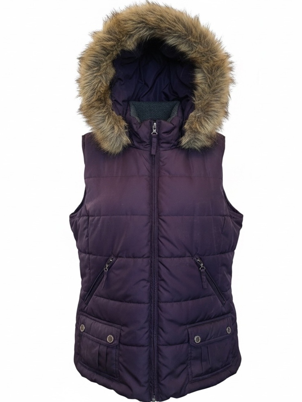 COLDWATER CREEK Quilted Puffy Vest Rem. Faux Fur Lined Hood Deep Purple LG 14